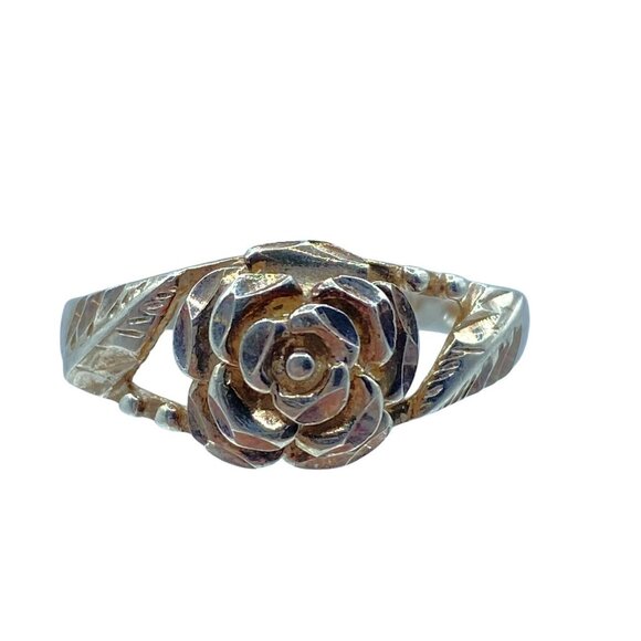 Vintage Sterling Silver 3D Rose Etched Ring Size 9 Signed NV Floral - Picture 1 of 11
